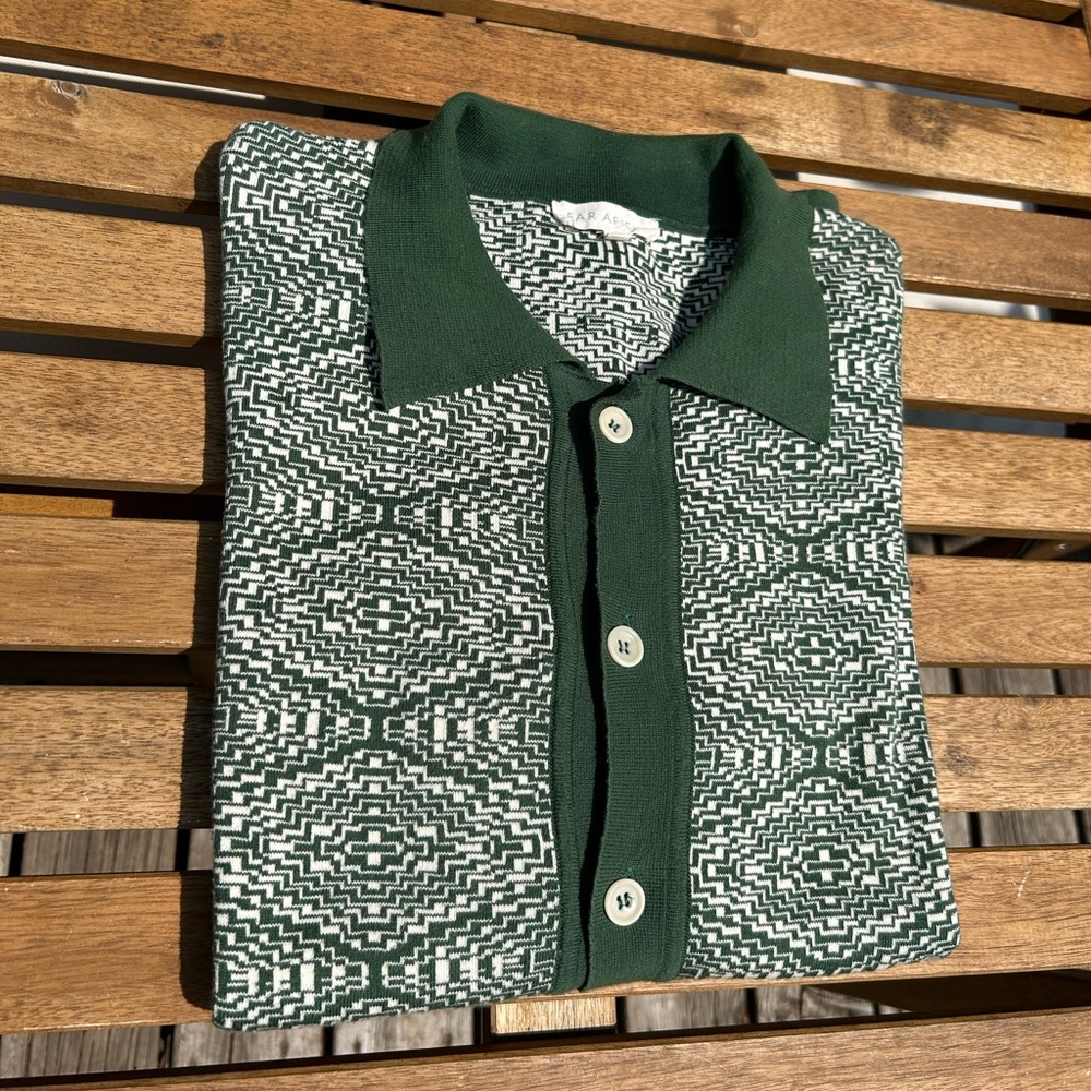 Far Afield Green Geometric Pattern Polo Shirt ‘zigger’ size 3/Large